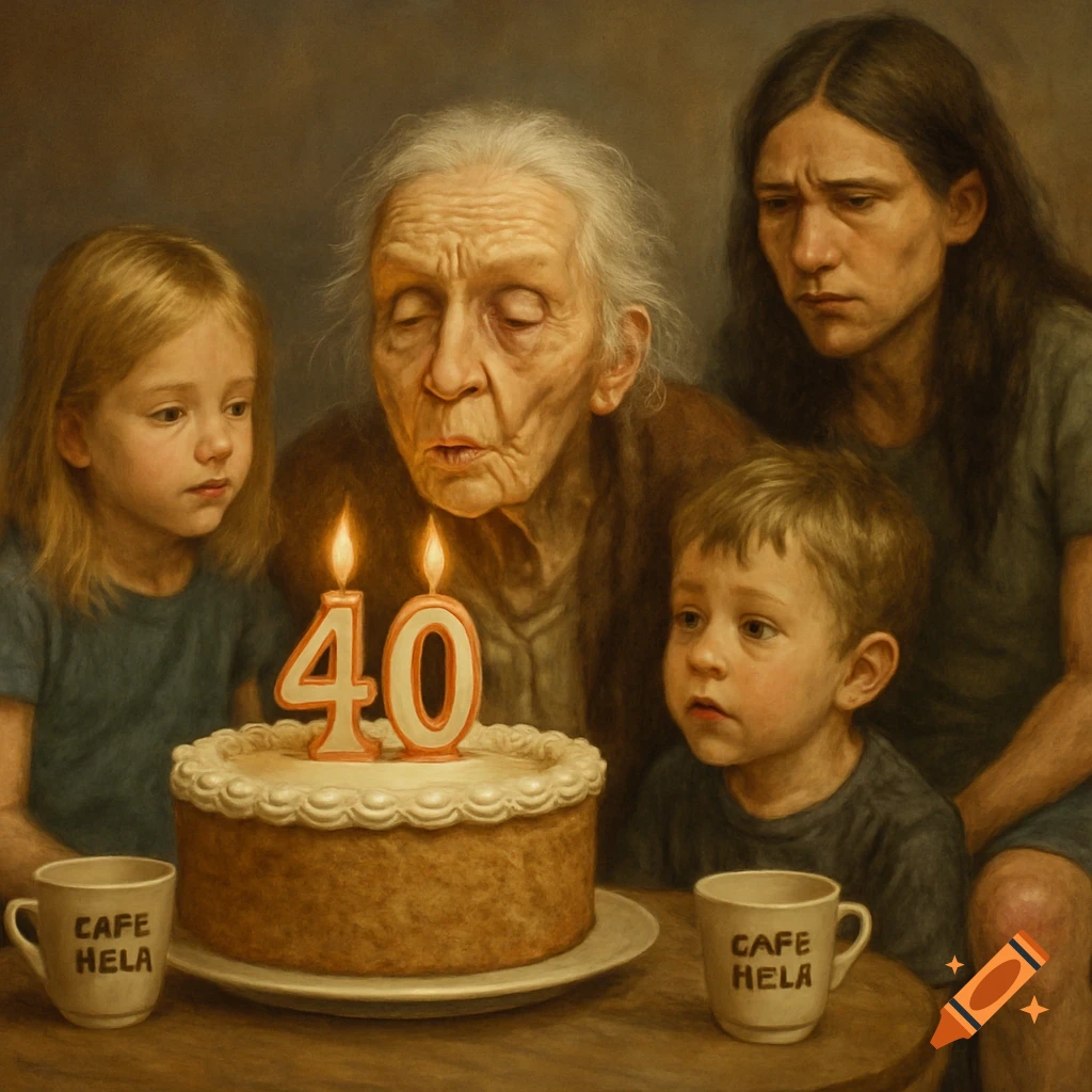 A family watches as an old woman blows out birthday candles on a cake ...