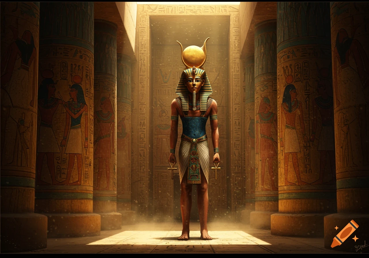 A figure dressed as a pharaoh stands in an ancient Egyptian temple.