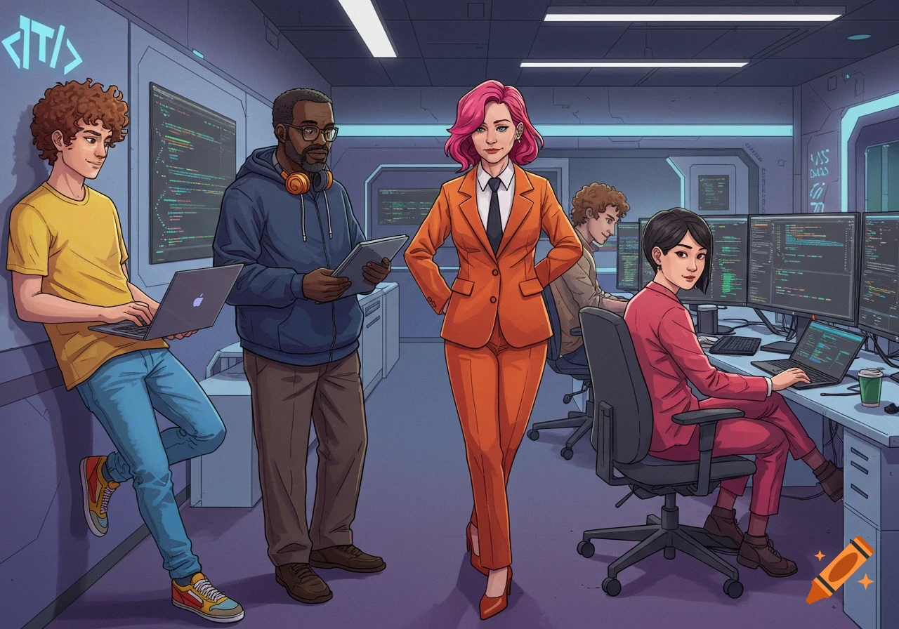 A diverse team of five people working on computers in an IT office, stylized illustration.
