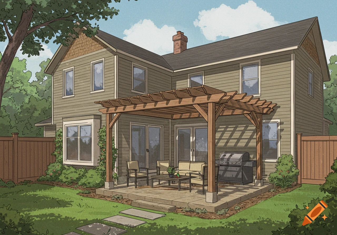 Illustrated back of a house with a patio, pergola, furniture, and grill.