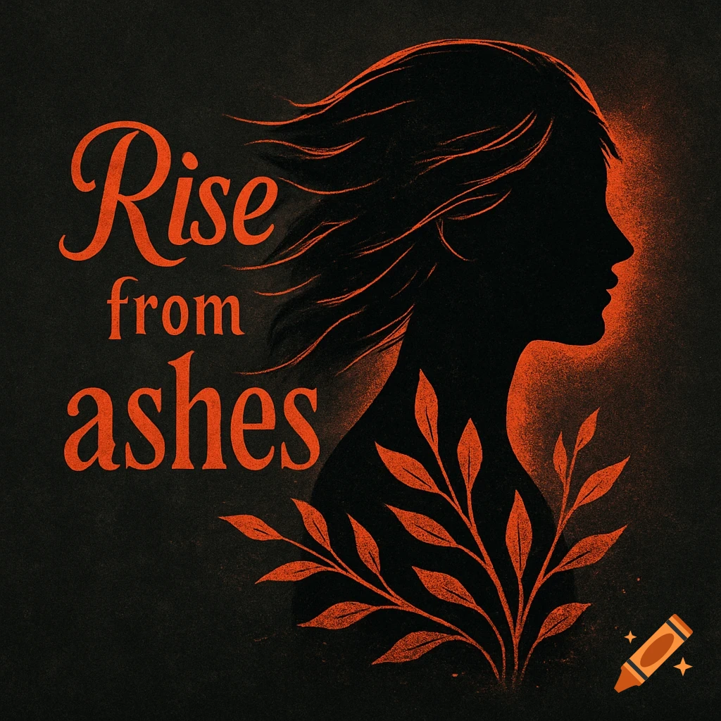 Silhouette of a woman's profile with flowing hair and leaves, with the text "Rise from ashes". Stylized graphic.