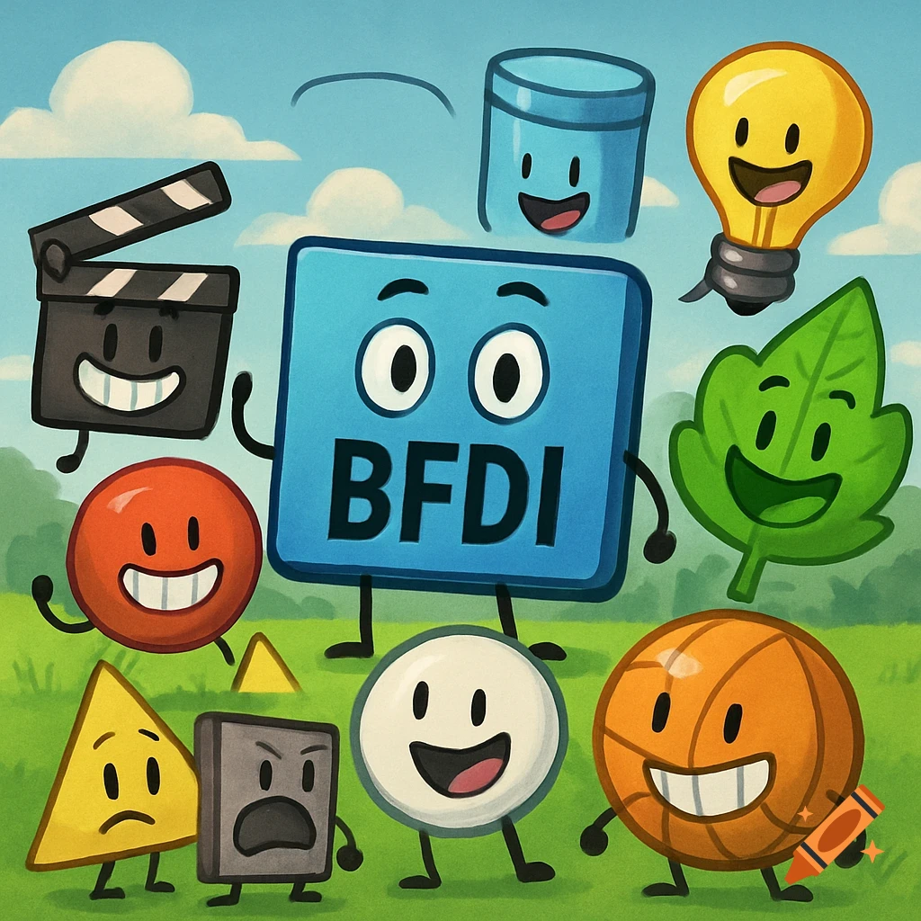 Cartoon illustration of smiling BFDI object characters in a grassy field.