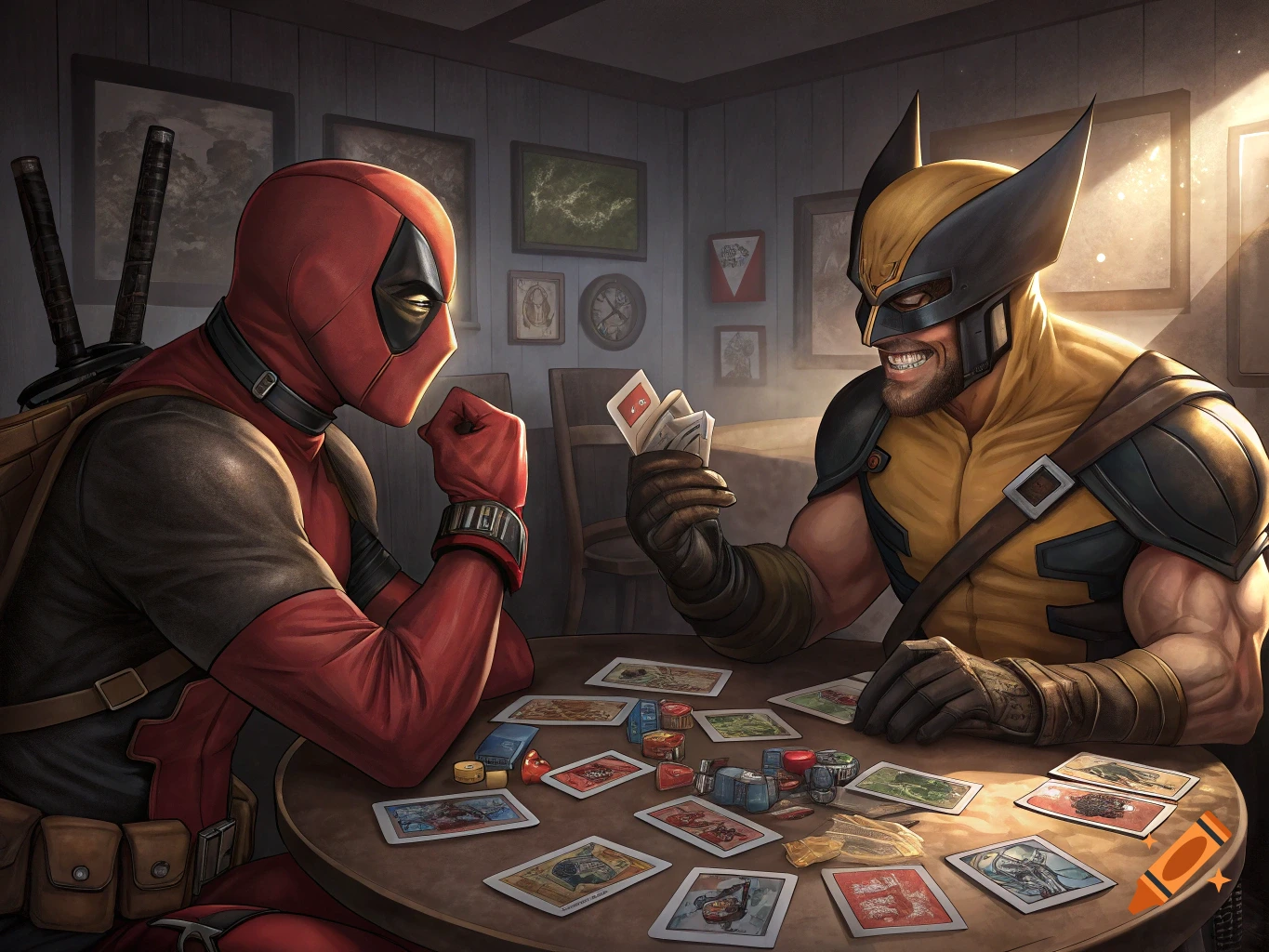 Illustrated scene of Deadpool and Wolverine playing cards in a room.