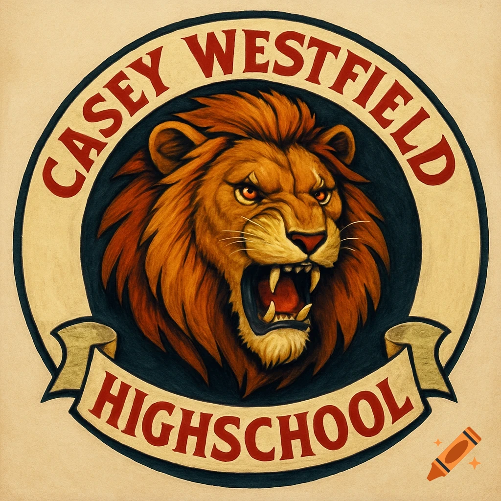 Logo featuring a roaring lion head with text Casey Westfield Highschool