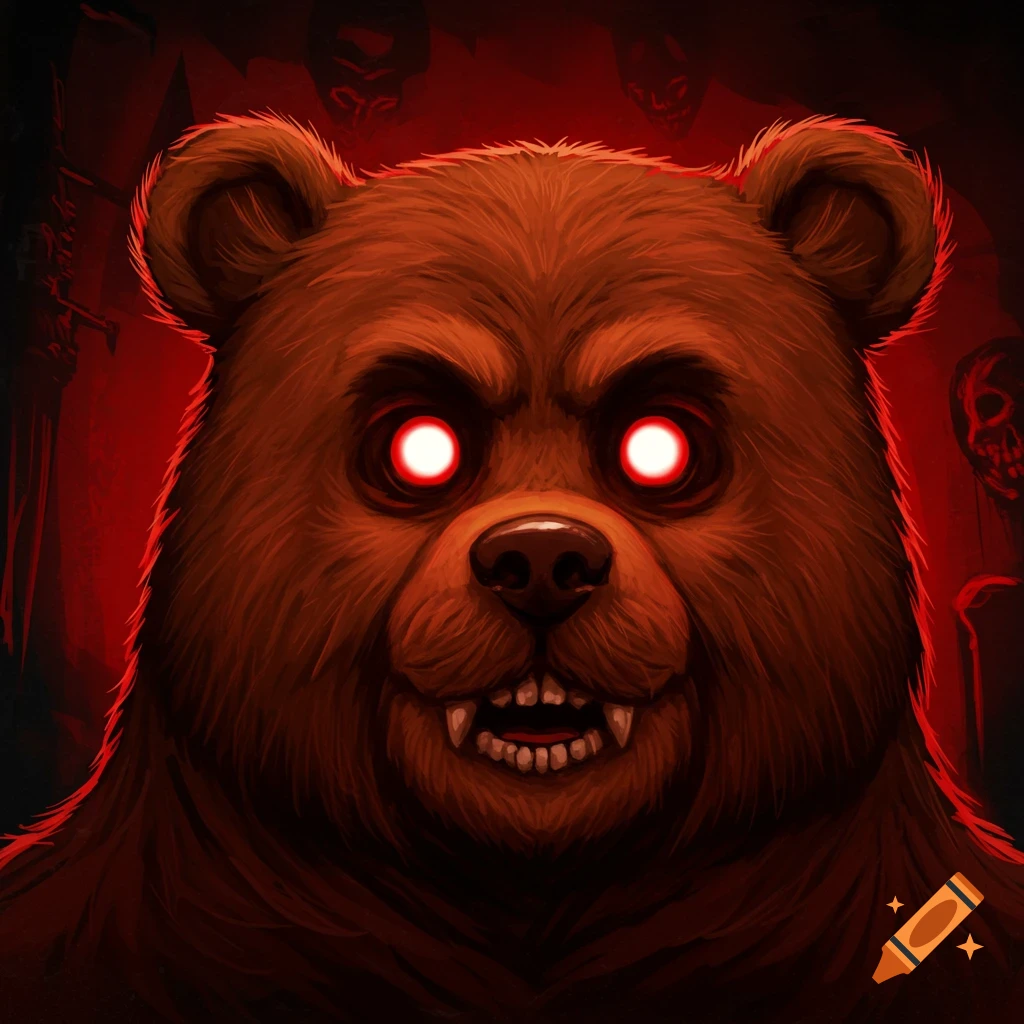 Close-up of a scary bear with glowing red eyes and sharp teeth against a dark red background with shadowy figures.