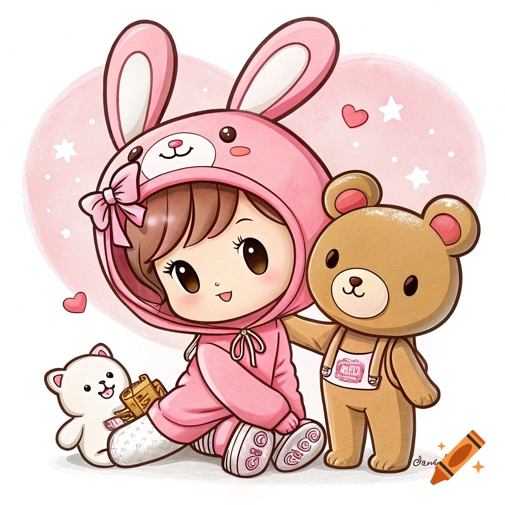 A cute cartoon illustration of a girl in a pink rabbit hoodie sitting with two teddy bears.