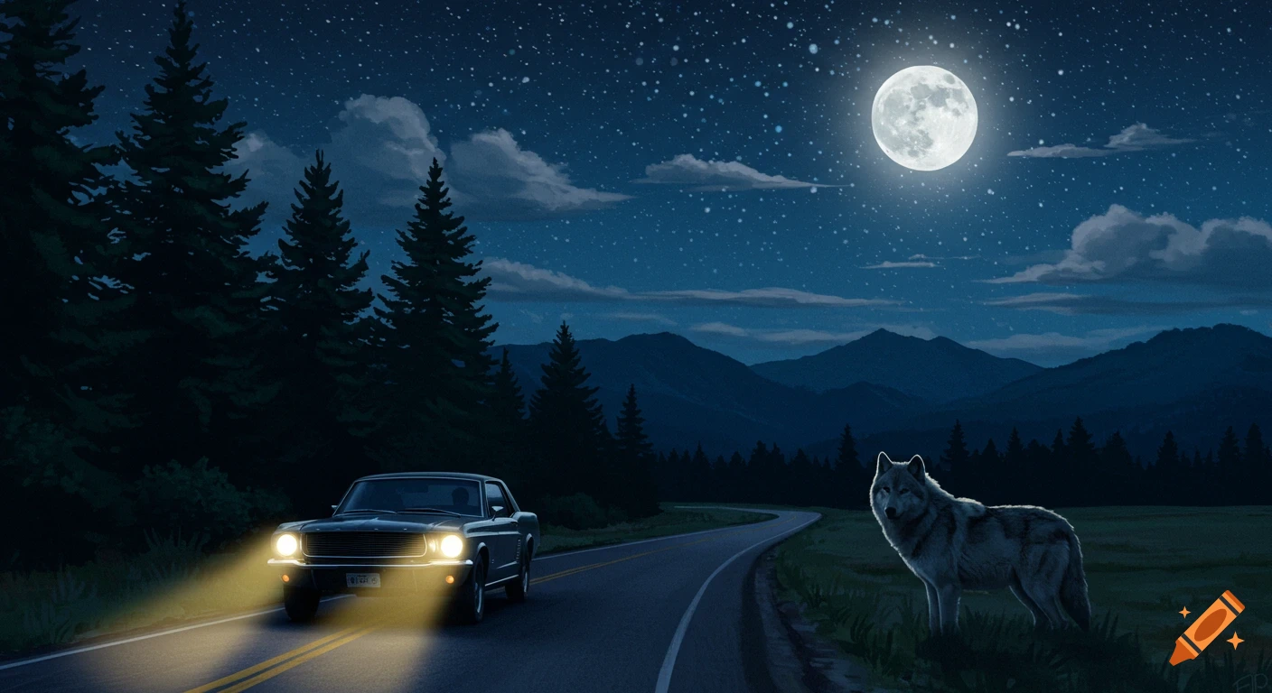 A classic car drives on a road at night with a wolf standing nearby under a full moon.
