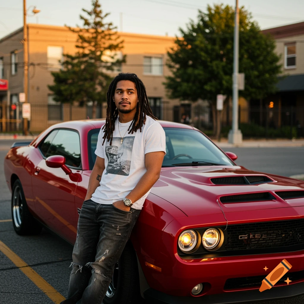A man with dreadlocks leans against a red sports car in a city street at sunset.