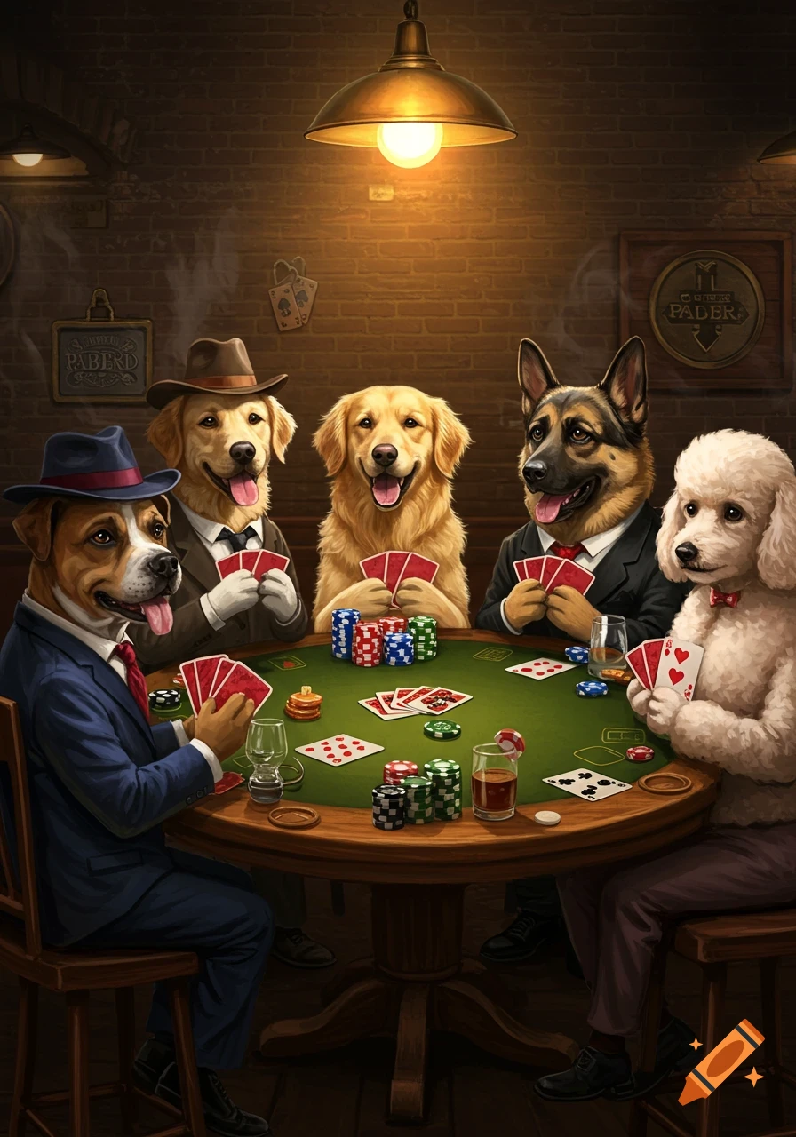 Group of dogs wearing suits and hats playing poker at a table in a dimly lit bar.