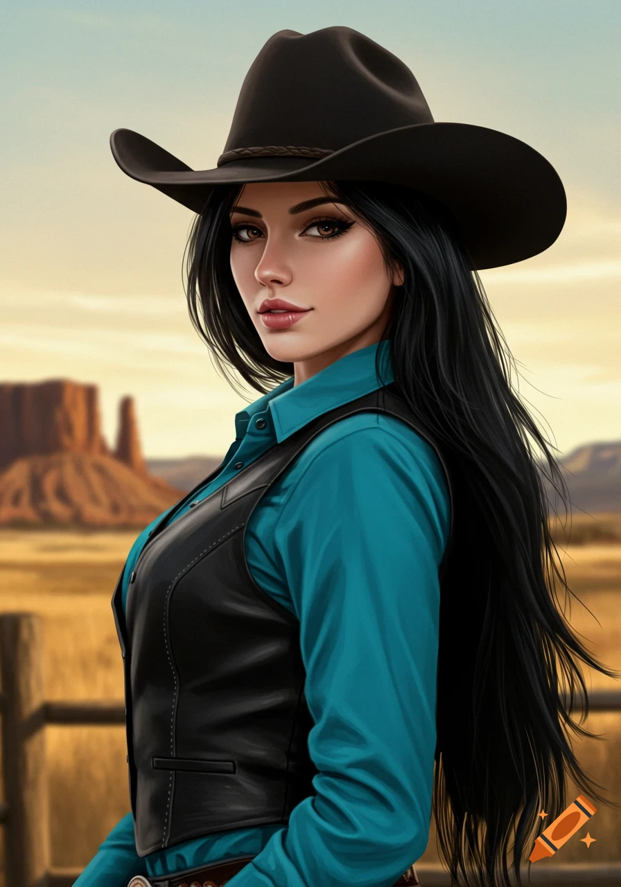 Portrait of a woman in a cowgirl hat and vest in a western landscape.