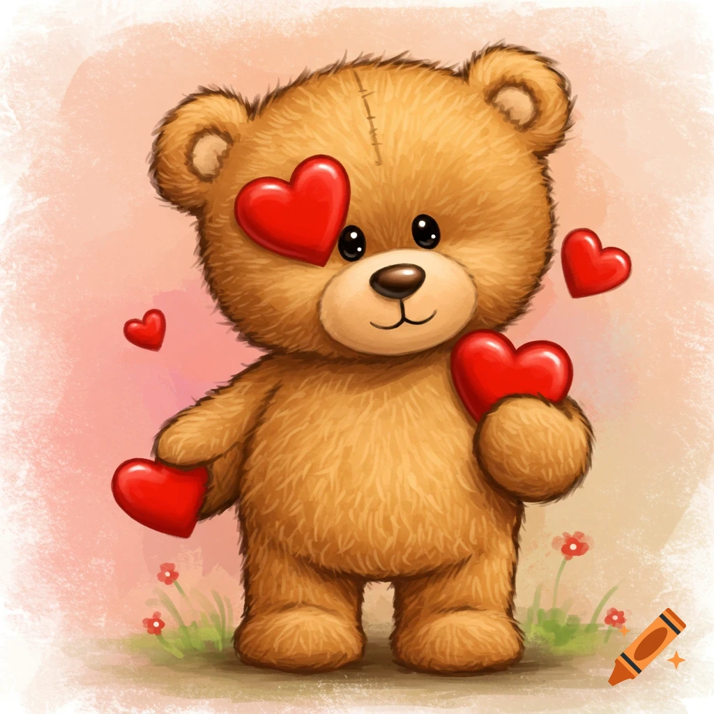 Cute teddy bear with hearts in its eyes and hands, watercolor style.