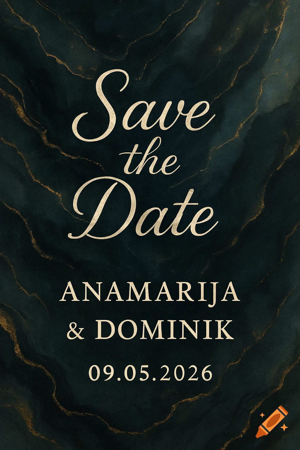Save the date card with names and date on a dark background with gold abstract lines.