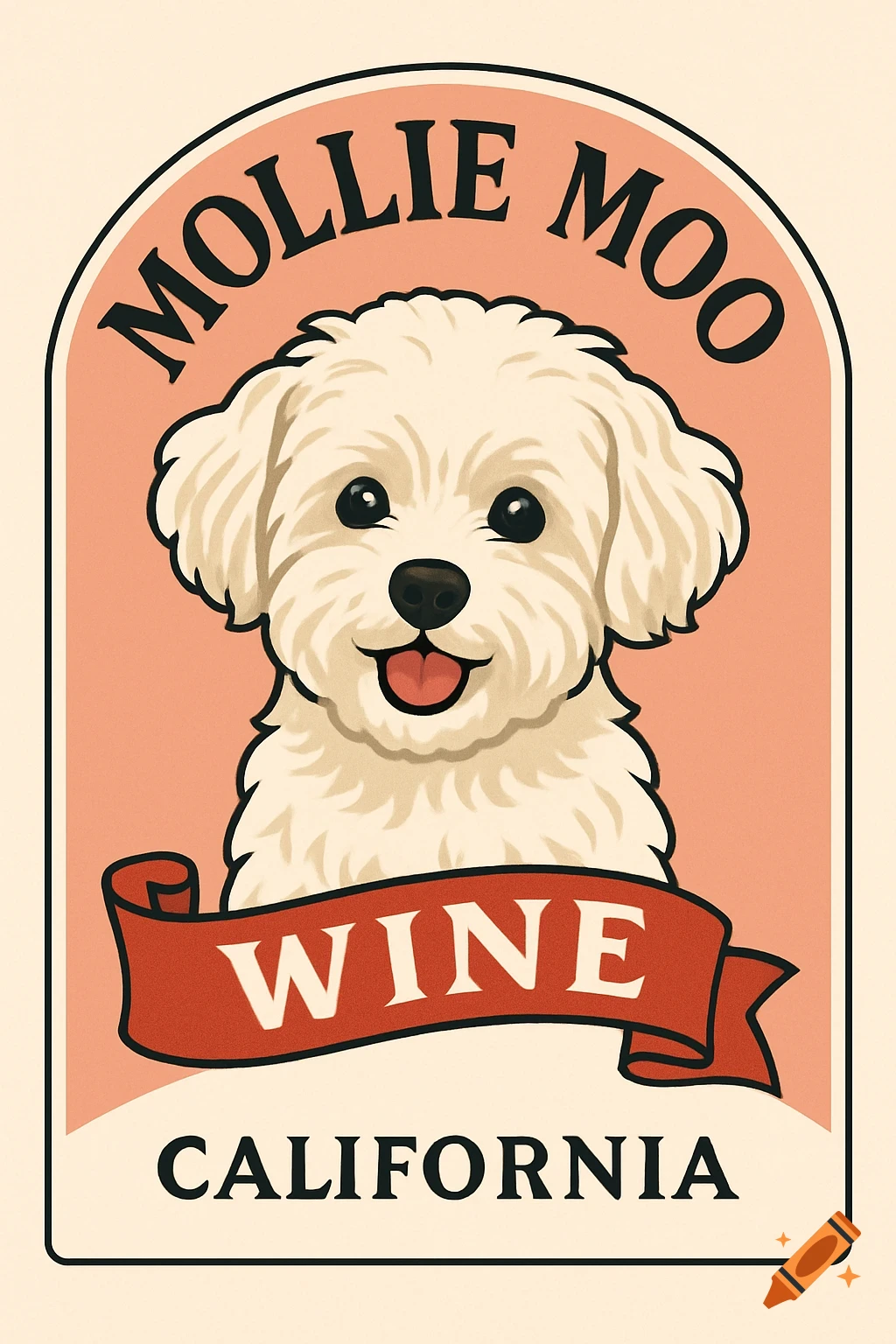 Illustration of a white dog on a vintage-style wine label.