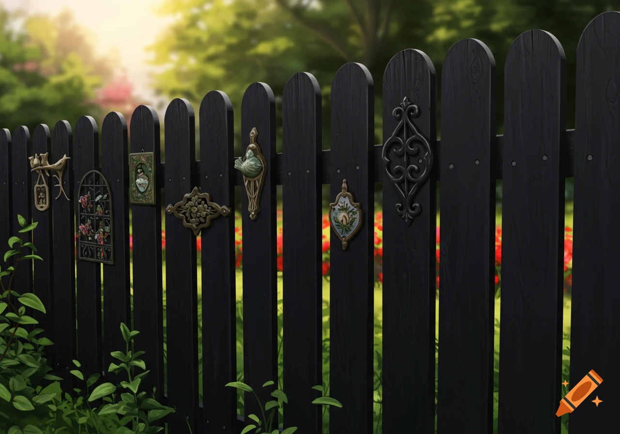 A black garden picket fence decorated with various metal and ceramic ornaments.