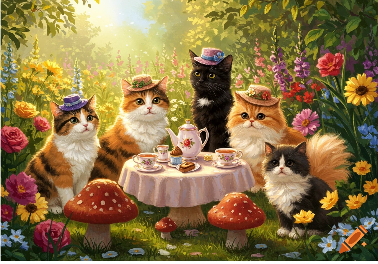 Several cats in hats having a tea party in a vibrant flower garden with mushrooms.