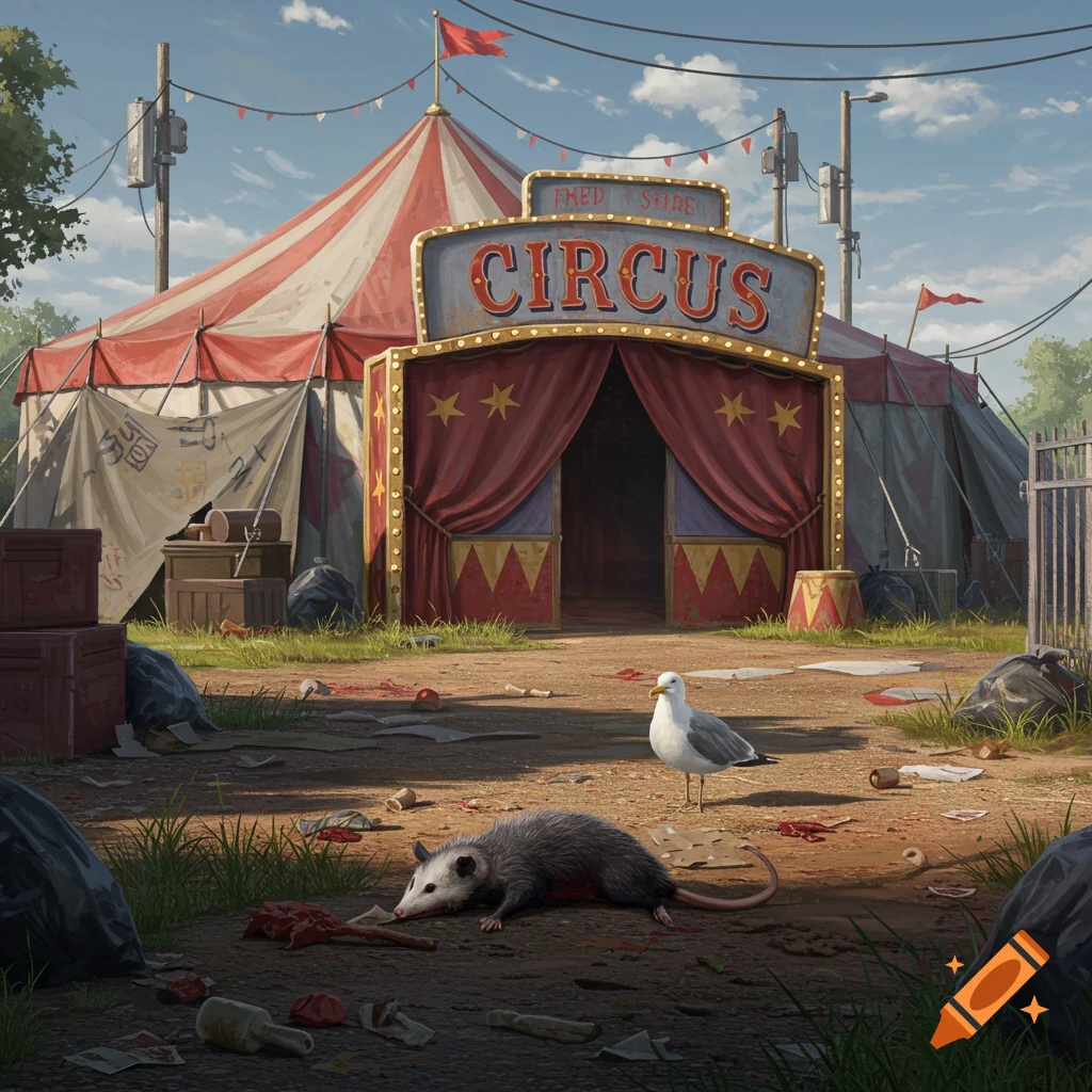 A rundown circus tent with a dead opossum and a seagull on the ground.