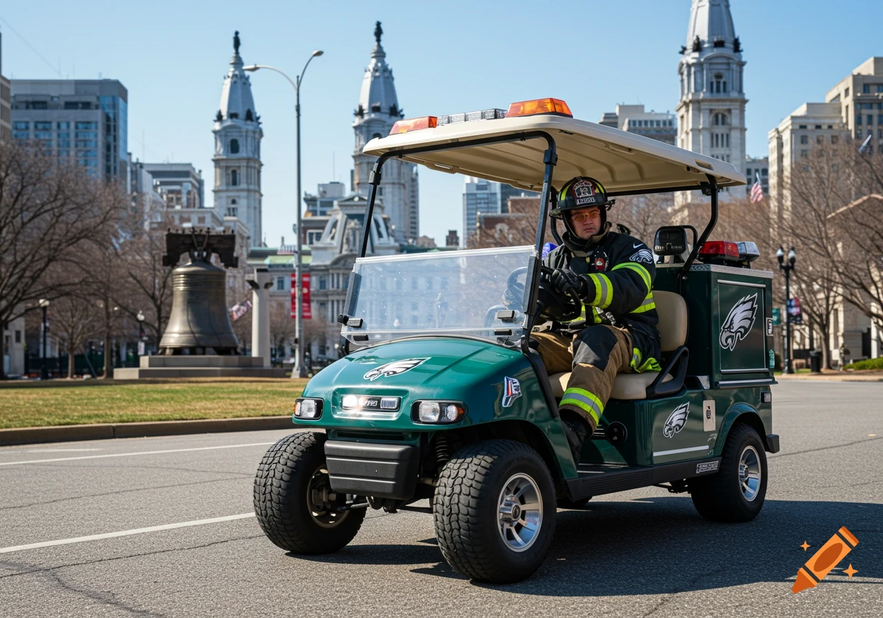 A firefighter drives a green golf cart with Philadelphia Eagles logos through the city streets.