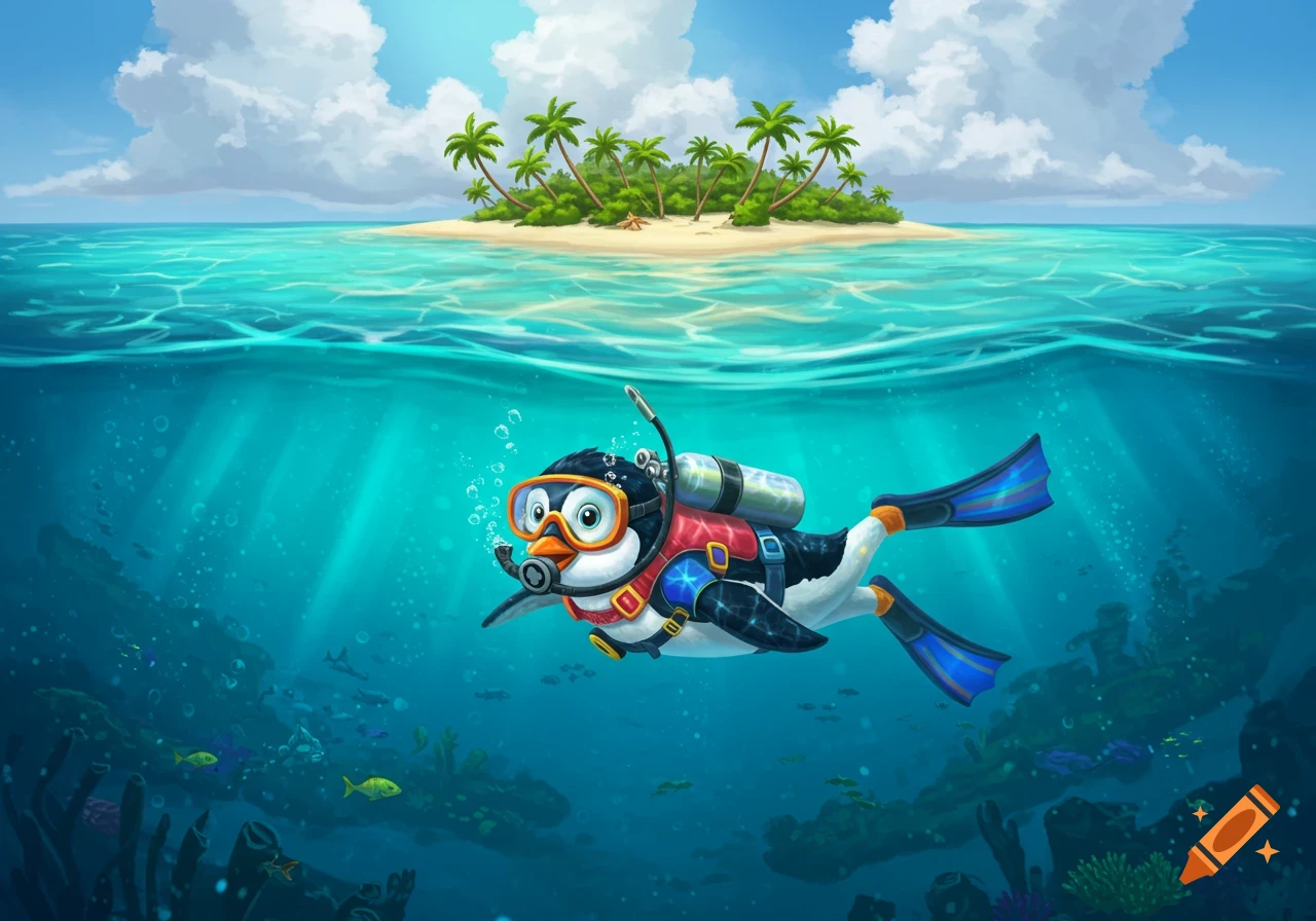Cartoon penguin in scuba gear swims underwater near a tropical island.