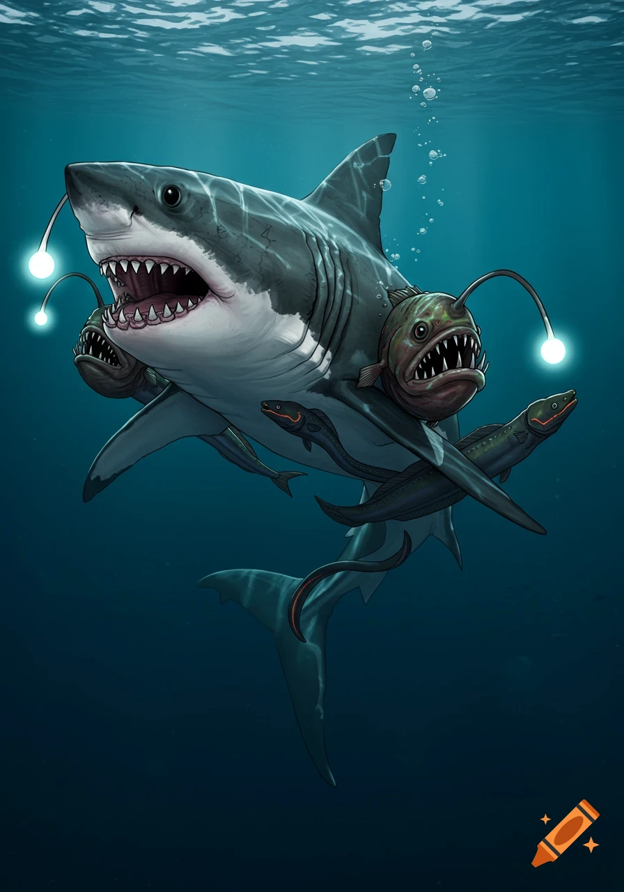 Illustration of a great white shark swimming underwater with anglerfish attached to its sides and eels near its tail.