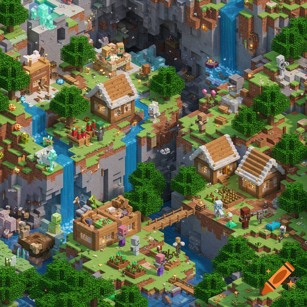 Isometric view of a detailed Minecraft village with houses, farms, rivers, waterfalls, and various blocky characters.