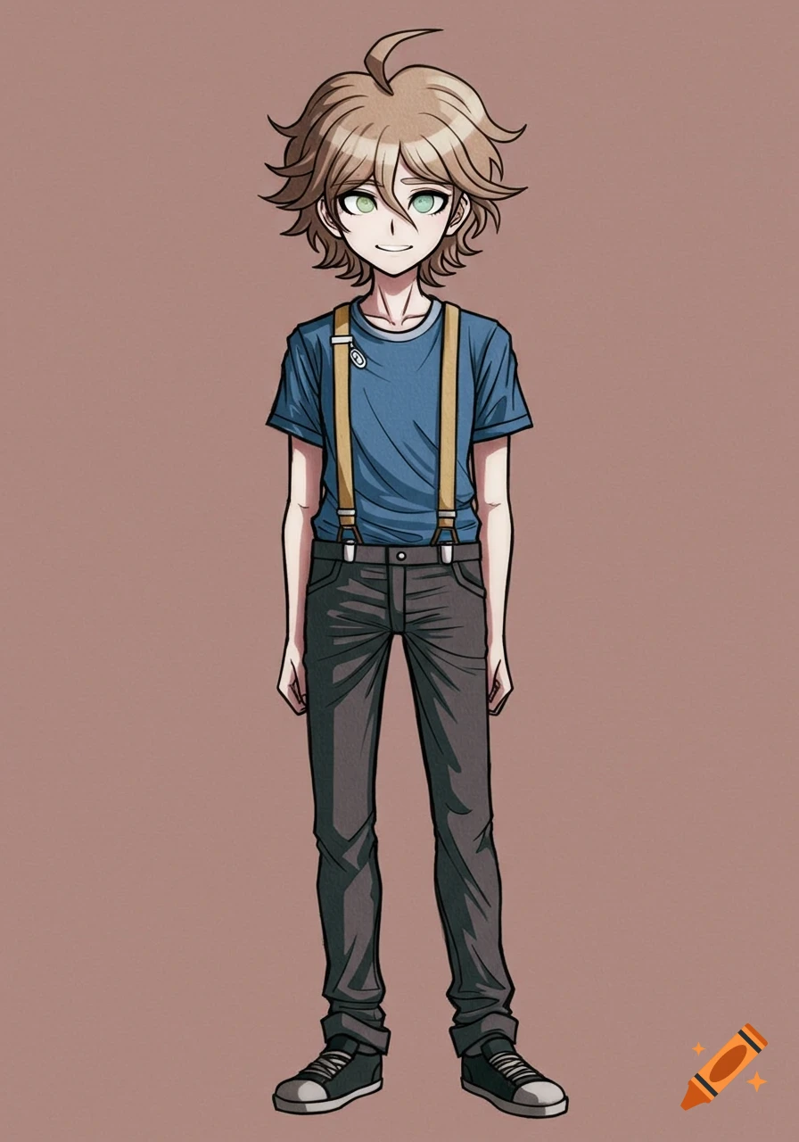 Male character illustration in Danganronpa style, with brown hair, green eyes, blue t-shirt, yellow suspenders, grey pants, and sneakers.