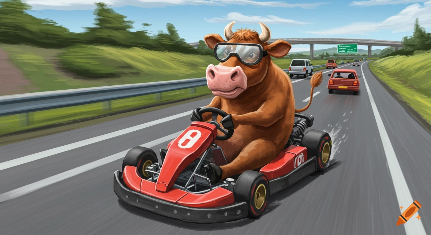 A cow wearing goggles drives a red go-kart down a motorway.