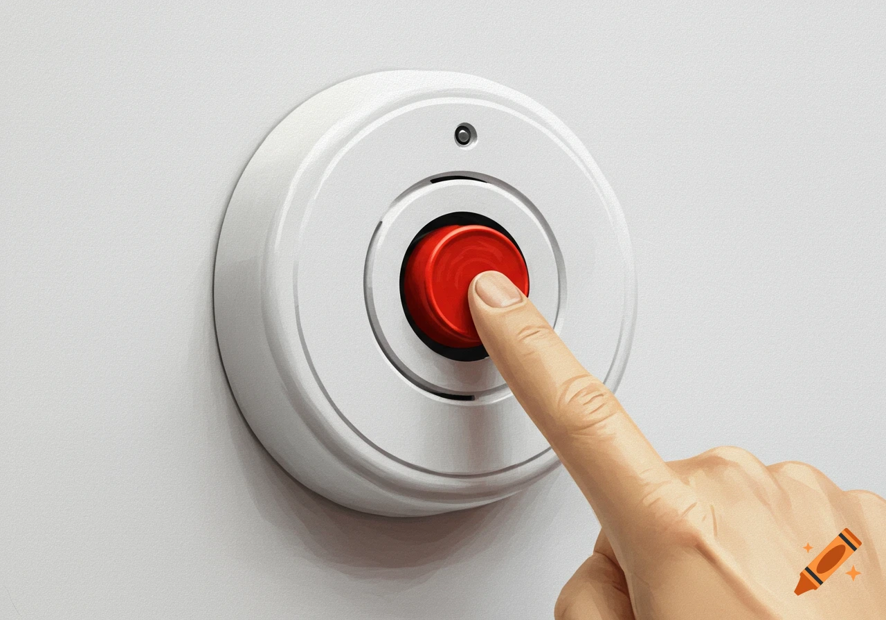 A finger presses a red button on a white device mounted on a wall, realistic illustration style.