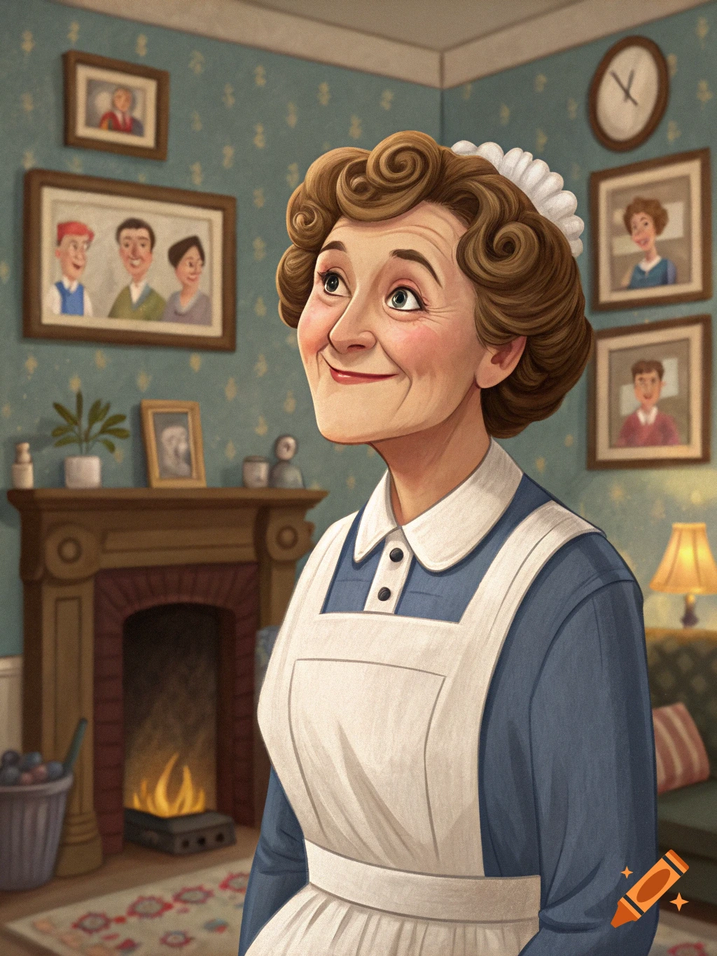 A stylized cartoon portrait of an older woman in a blue dress and white apron, smiling in a living room.