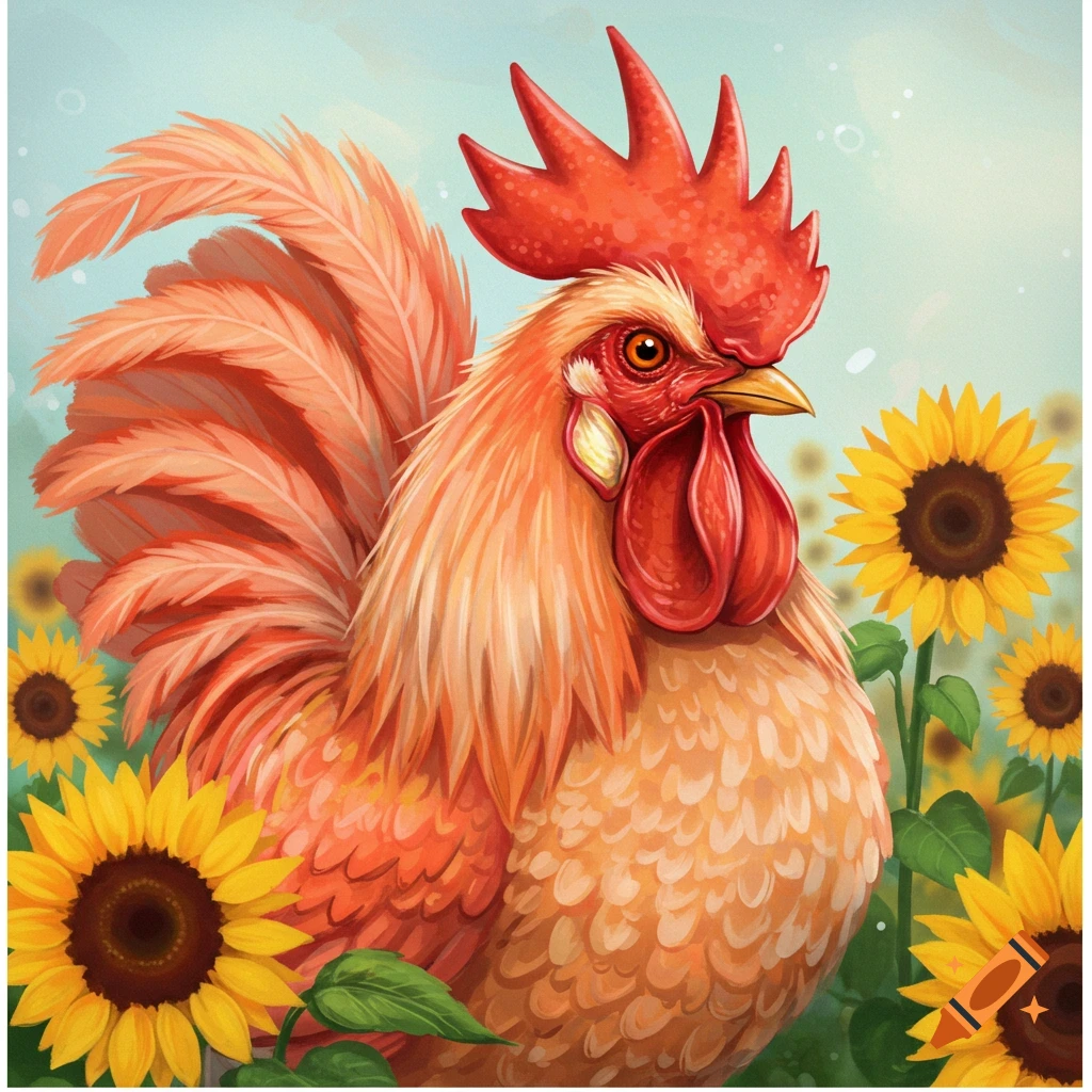 A stylized rooster stands among sunflowers.