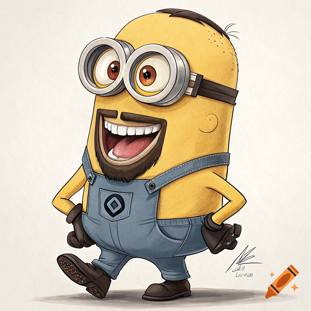 Cartoon illustration of a Minion character with a beard and buzz cut, wearing overalls, smiling.