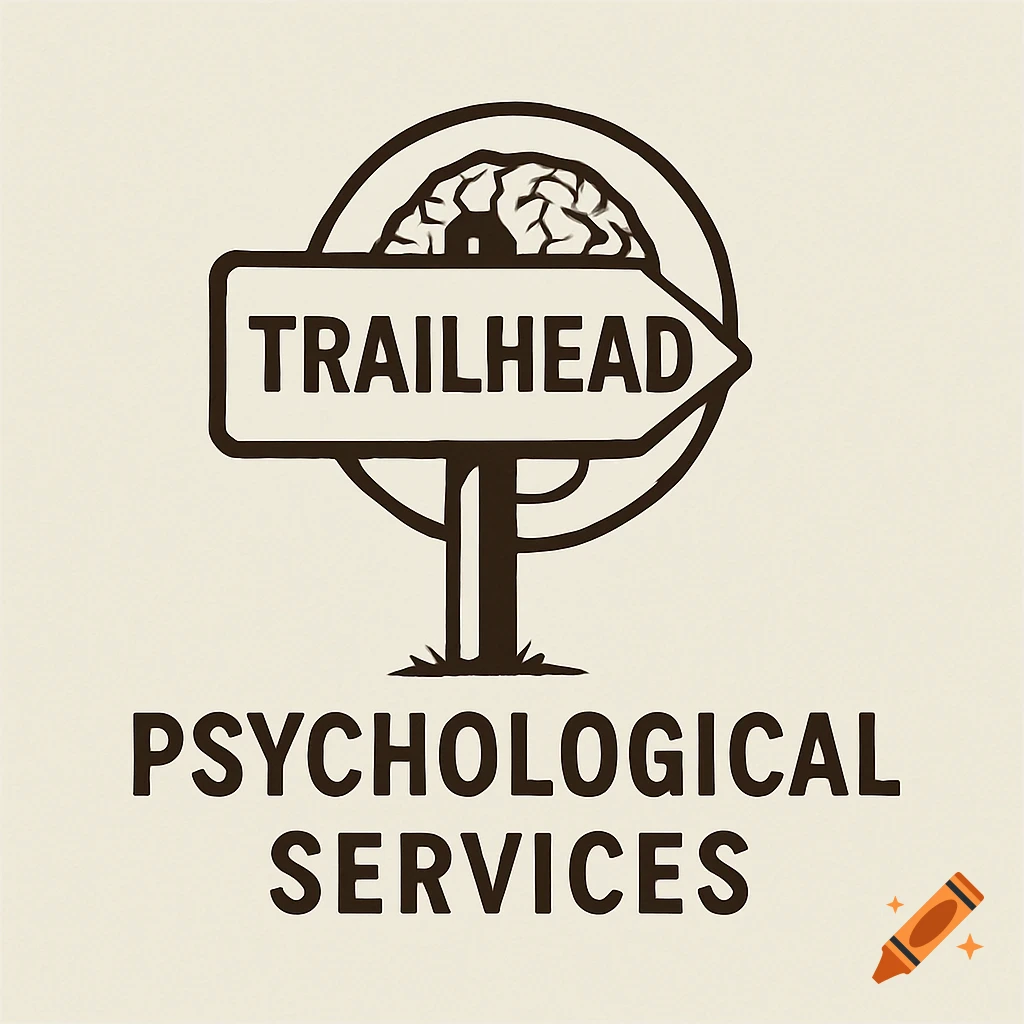 Logo with a trailhead sign pointing right, a brain symbol inside a circle, and text 'Trailhead Psychological Services'.