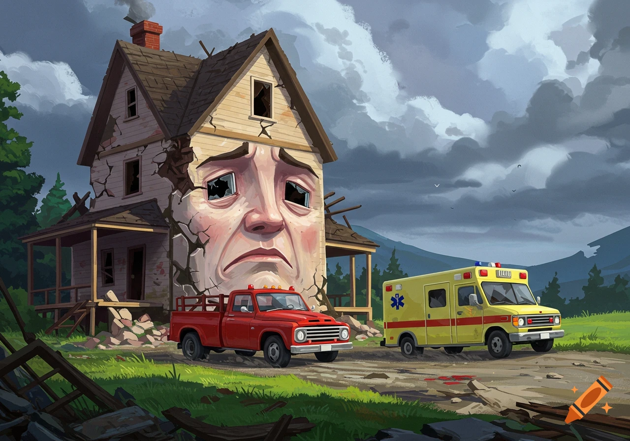 Illustration of a damaged house with a sad face, a red pickup truck, and a yellow ambulance.