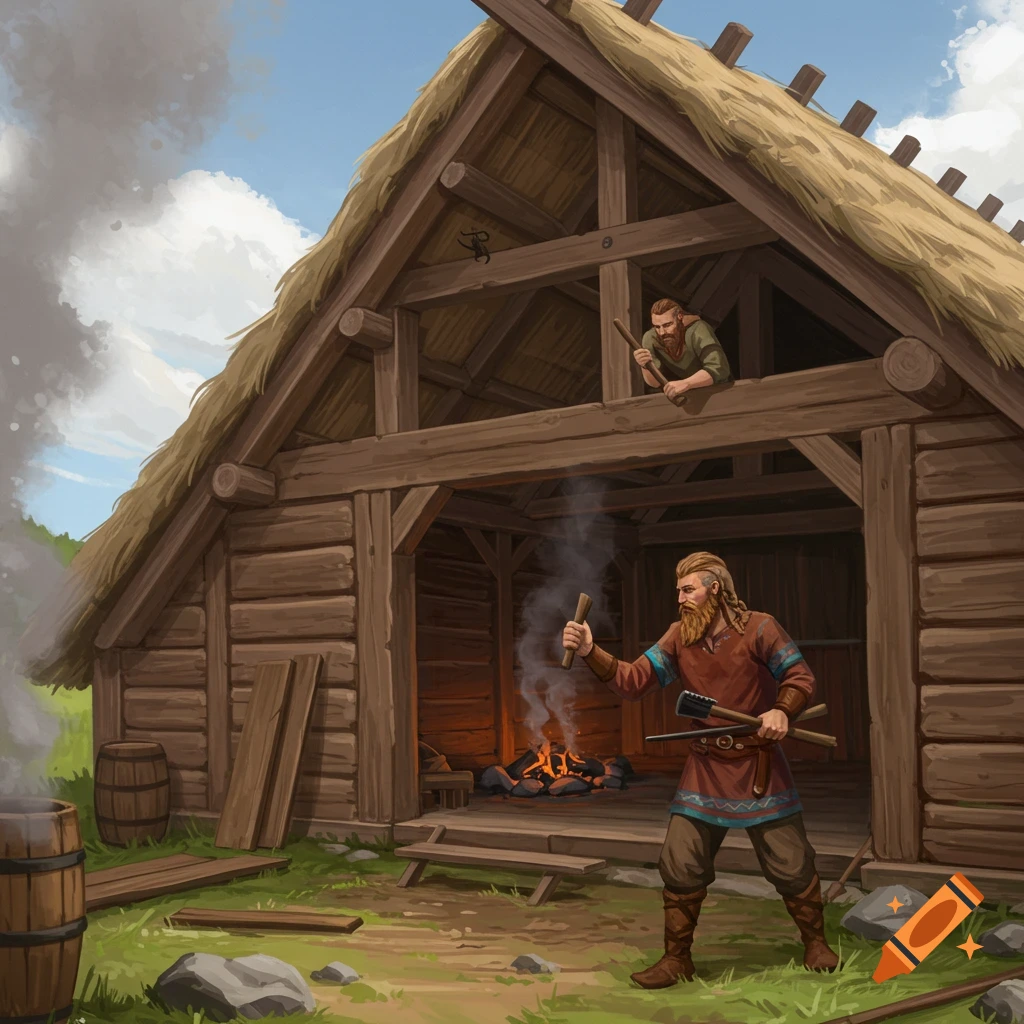 Two Vikings build a wooden house, one on the ground with tools, one on a roof beam. Illustration.