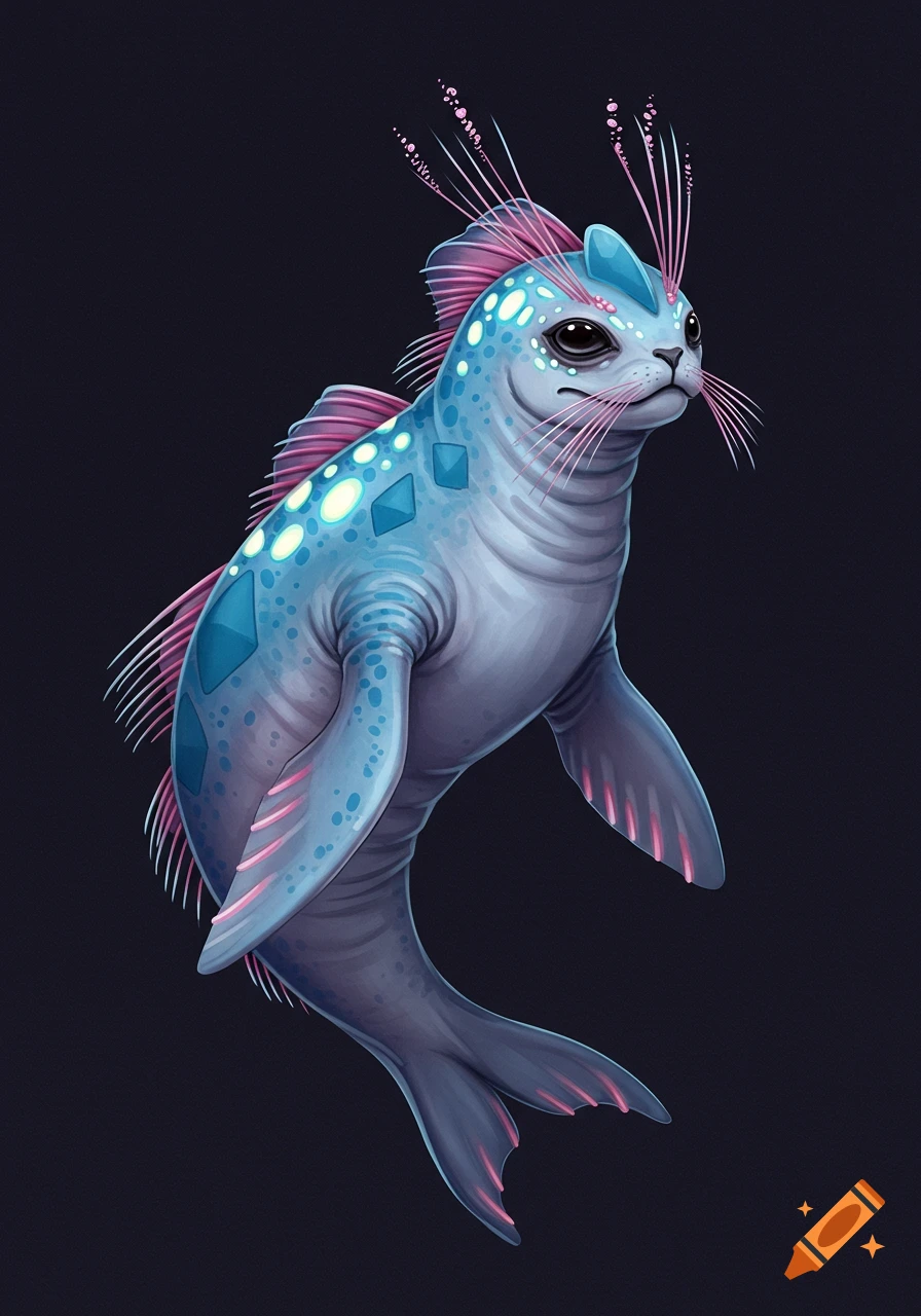 Digital painting of a blue fantasy creature resembling a seal with glowing spots and pink fins and whiskers.