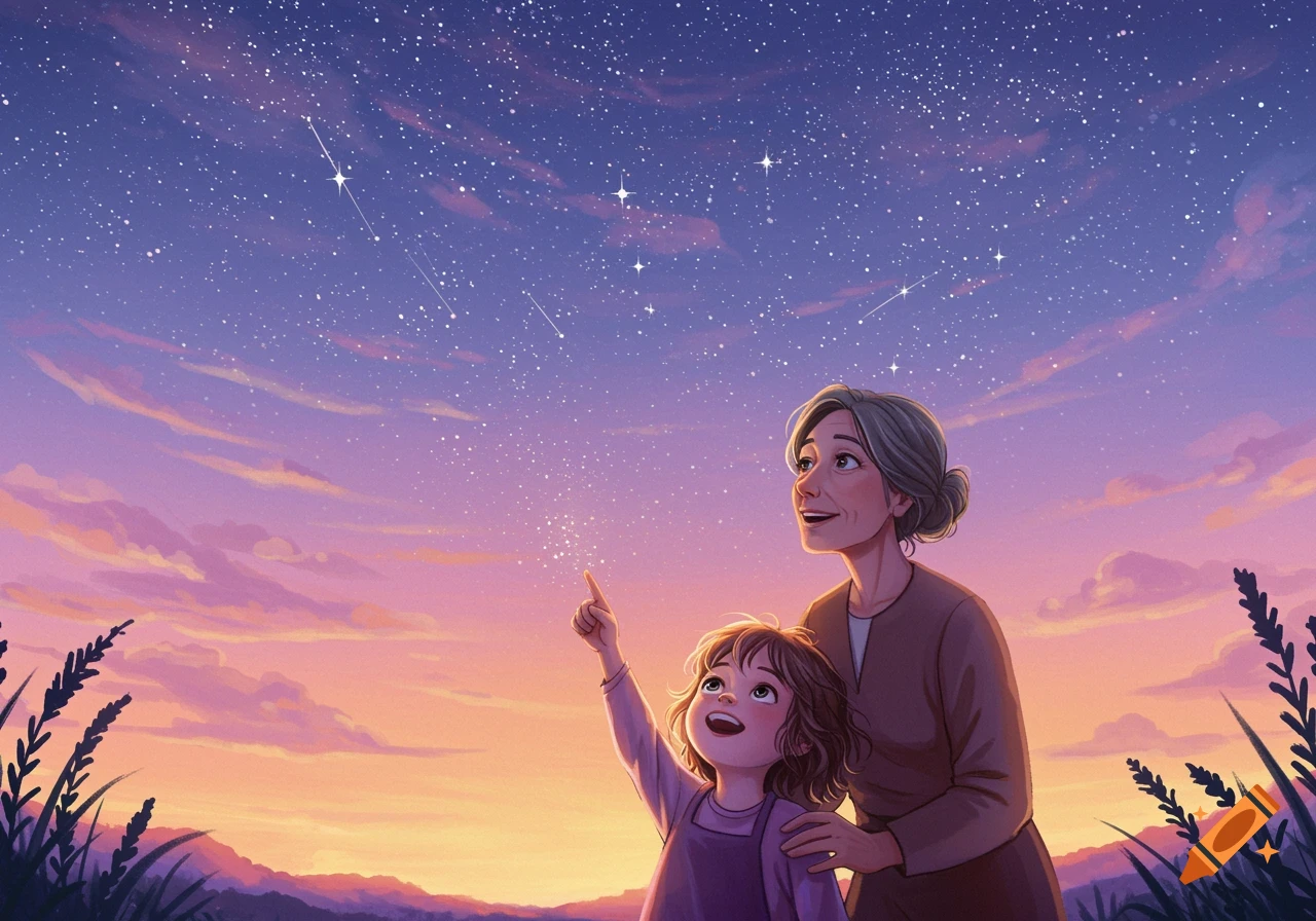 Illustration of a girl and older woman looking at a starry sky at sunset.