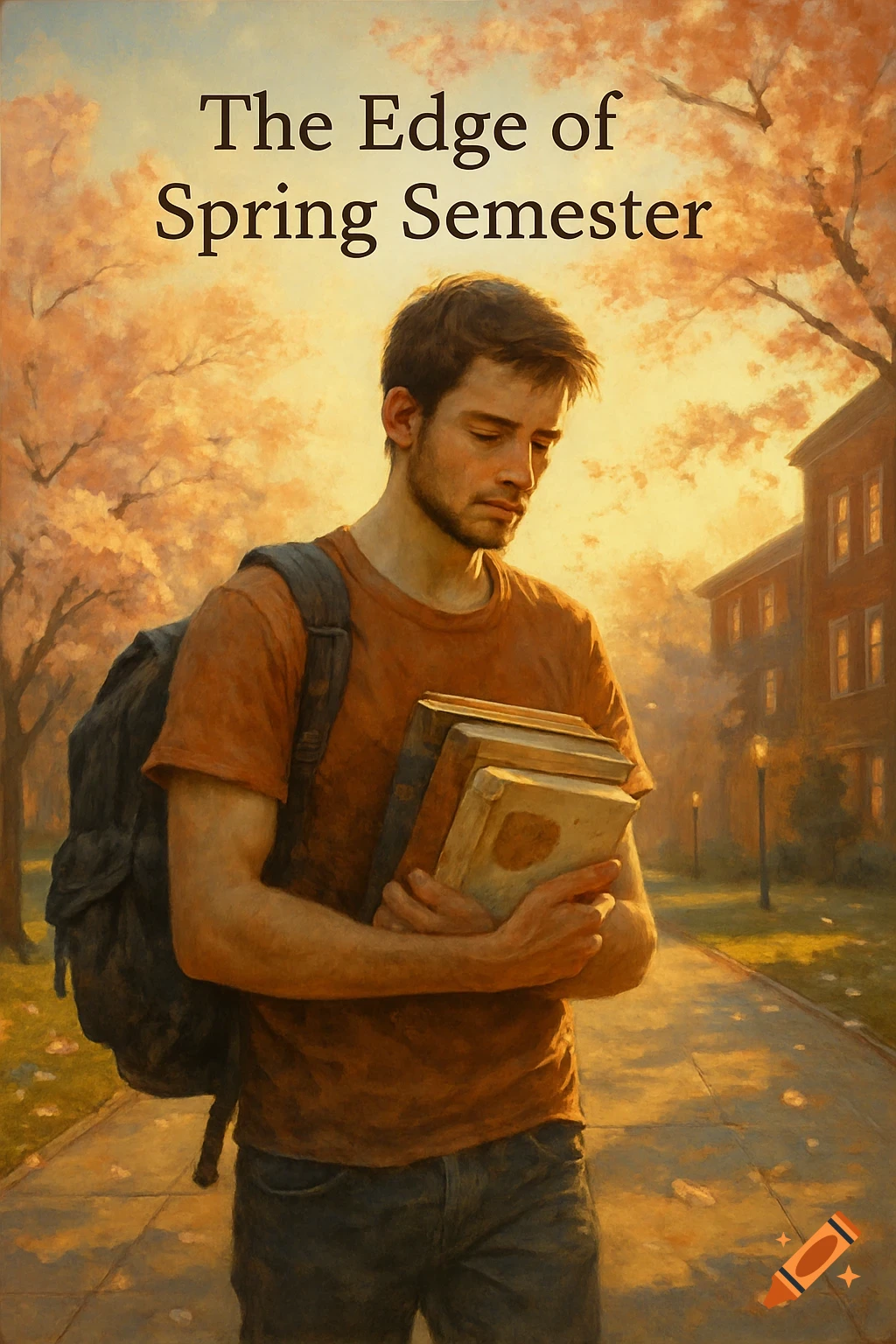 Painting of a student with backpack and books walking on a spring campus path, text 'The Edge of Spring Semester' above.