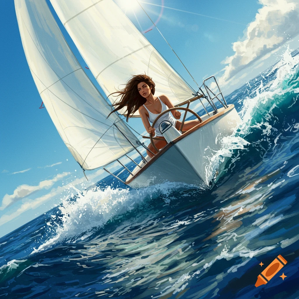 A woman sails a boat on choppy ocean waves under a sunny sky, digital painting.