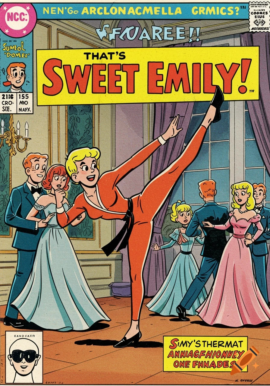 Cartoon comic book cover in Archie style: a character in a martial arts outfit high-kicks in a ballroom during a waltz.
