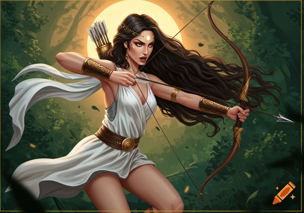 Digital painting of Artemis drawing a bow in a forest with a large moon behind her.