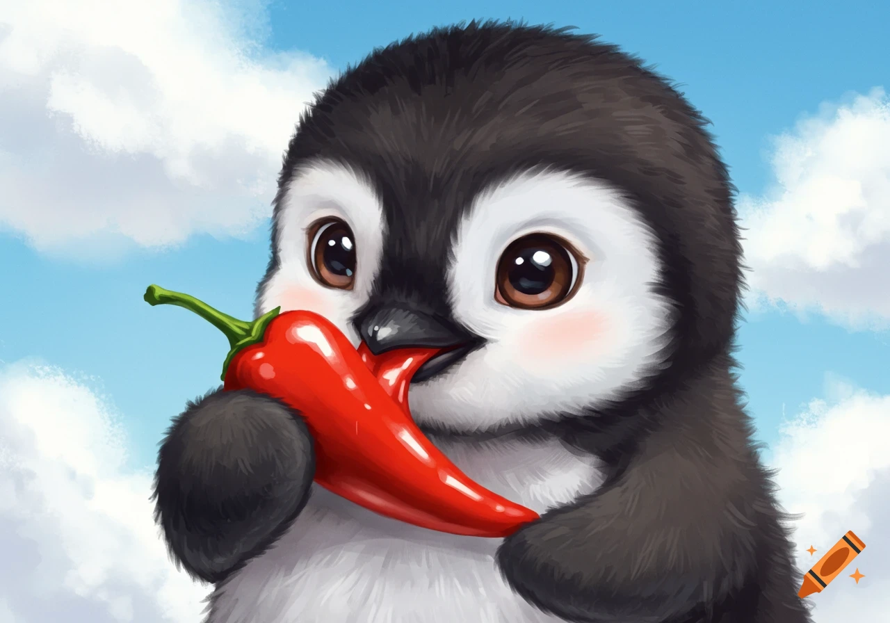 Digital painting of a cute baby penguin holding a red chili pepper.