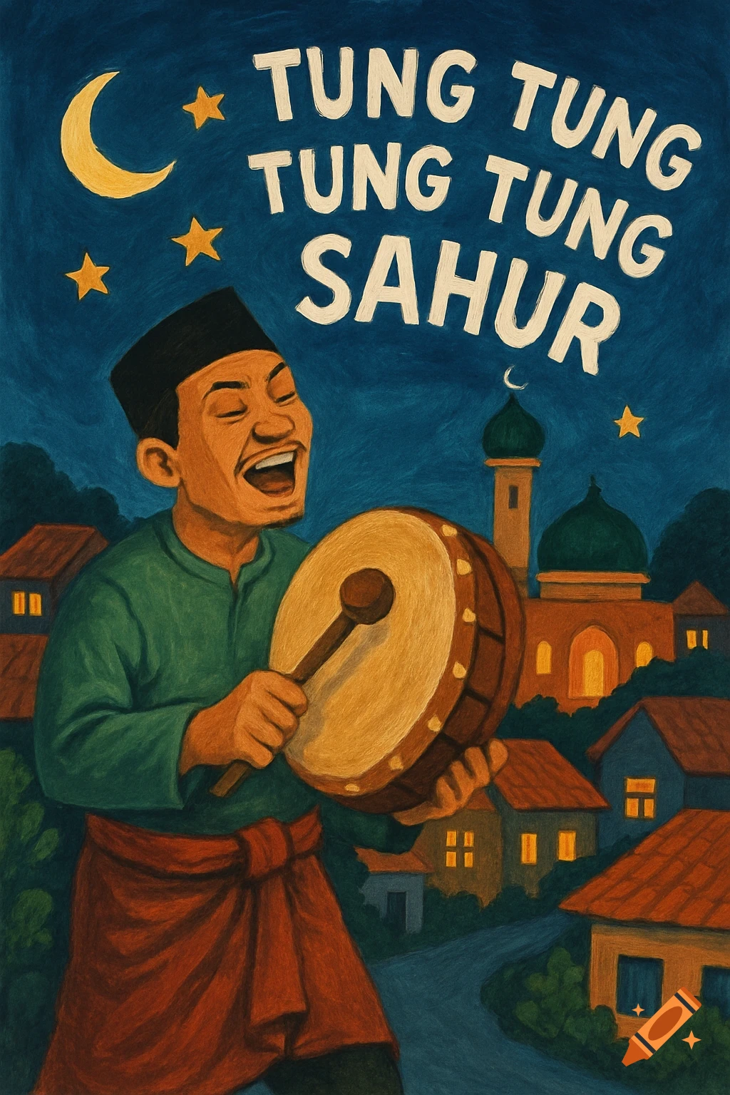 Illustration of a man drumming and singing under the moon and stars with text "TUNG TUNG TUNG TUNG TUNG SAHUR"