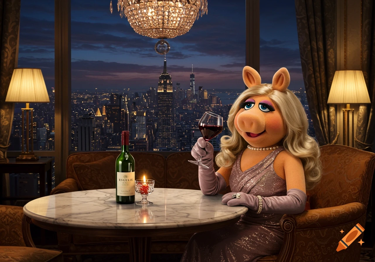 Photorealistic image of Miss Piggy drinking wine in a New York City penthouse with a view of the skyline.