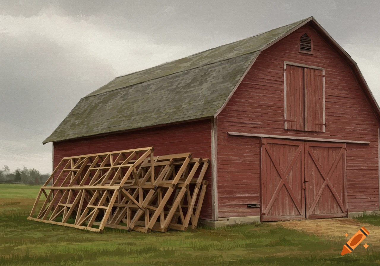 Red barn with wooden roof trusses leaning against it in a field under a cloudy sky, digital art.