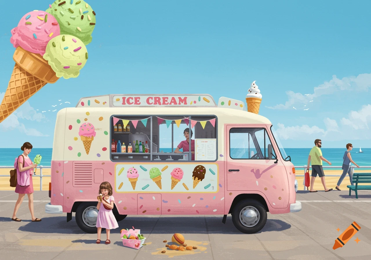 An ice cream truck on a beach boardwalk with people and a giant ice cream cone in the sky.