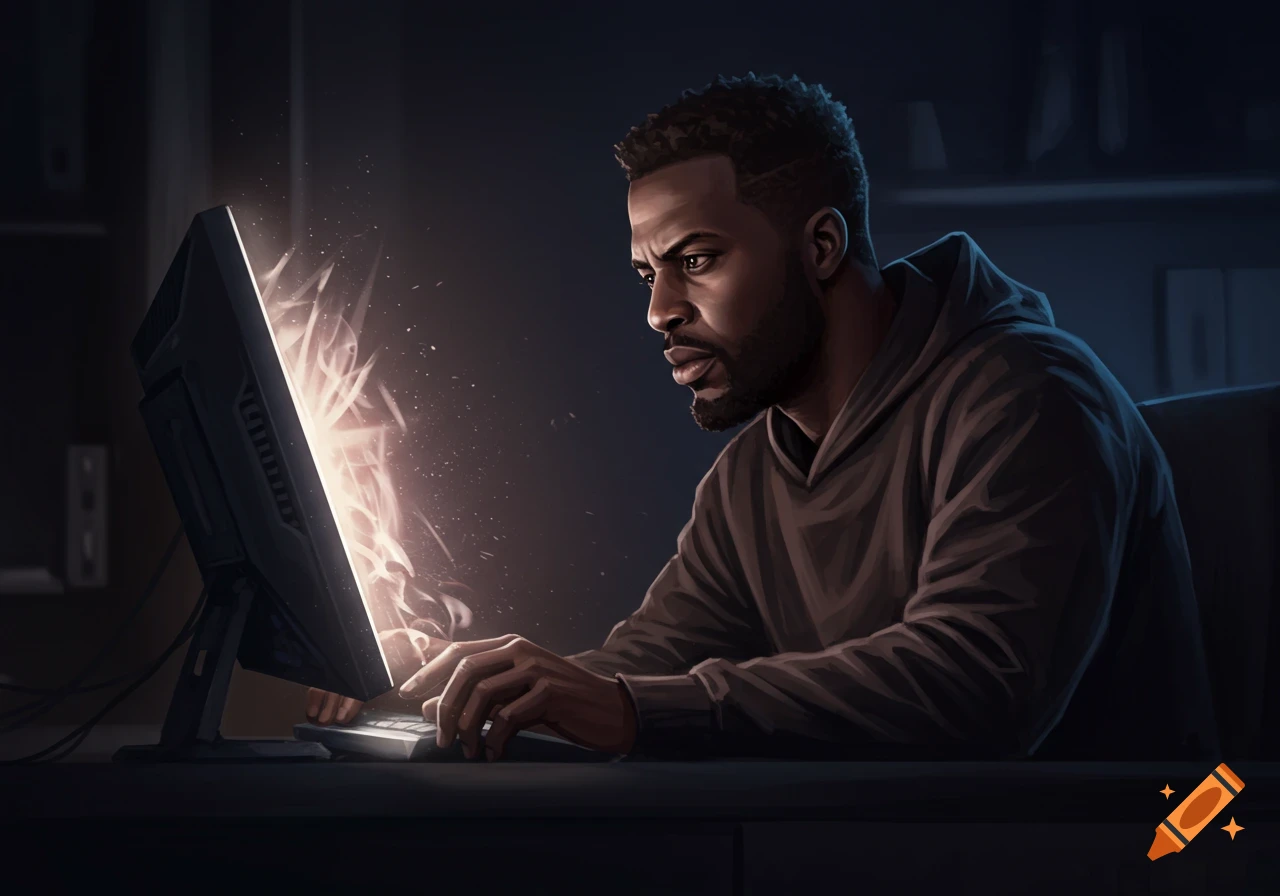 Black man works on glowing computer in dark room, digital art