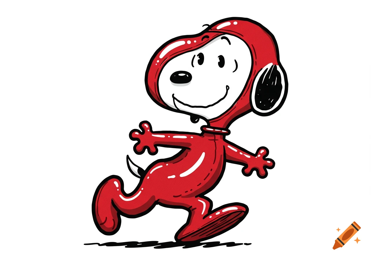 Cartoon of Snoopy wearing a red sleek rubber suit and walking.