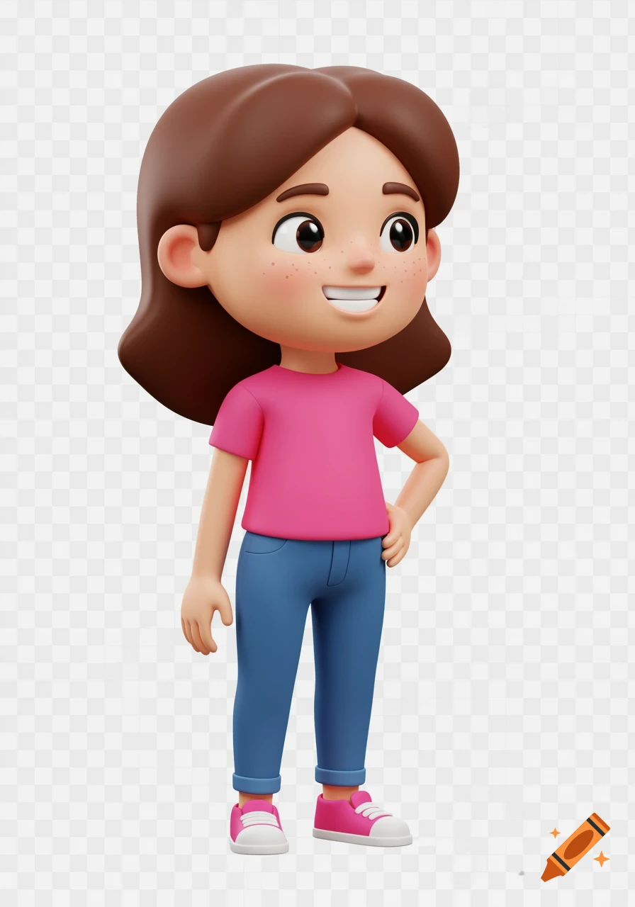 A 3D rendering of a cartoon girl standing and smiling on a transparent background.