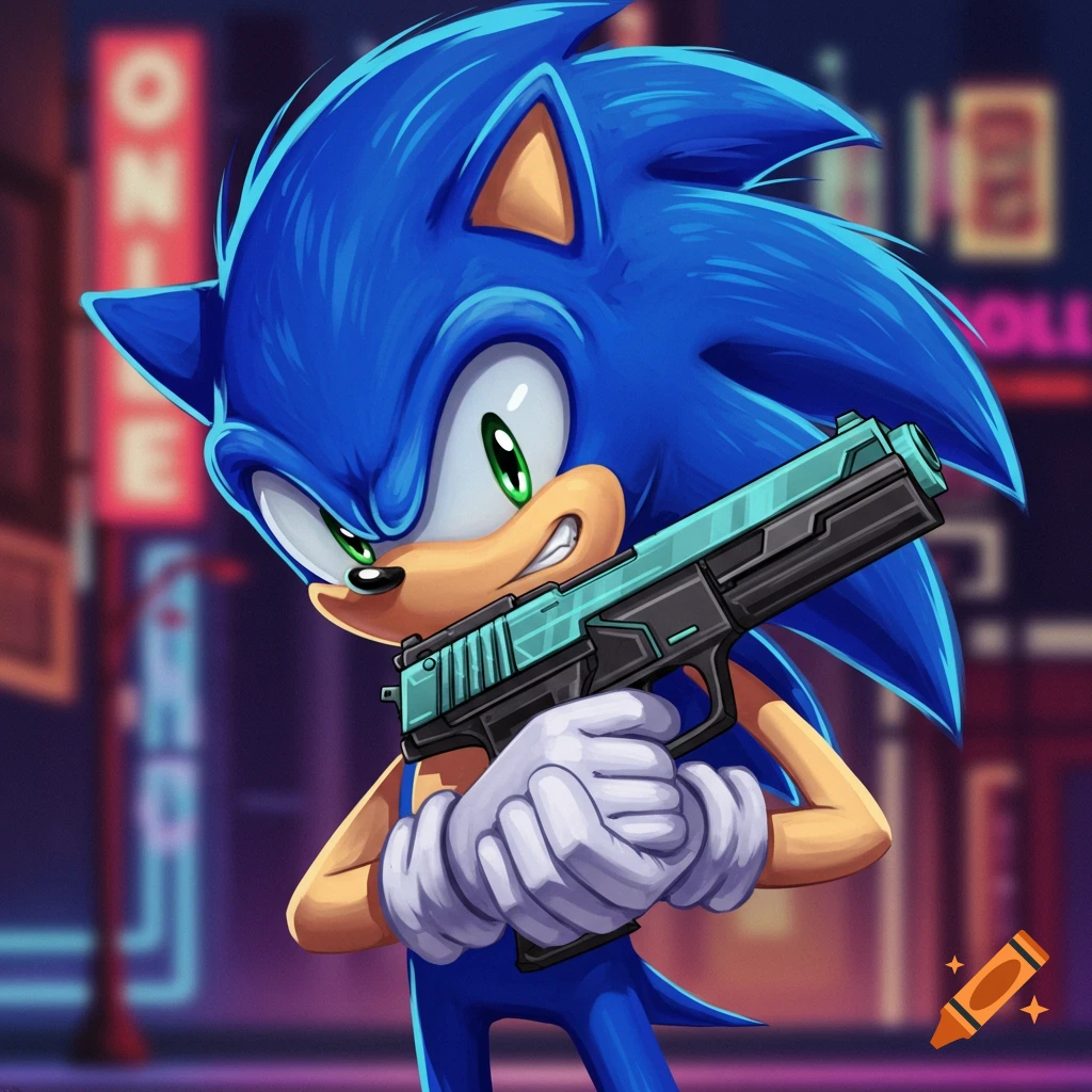 Sonic the Hedgehog holding a futuristic pistol against a blurry city night background.