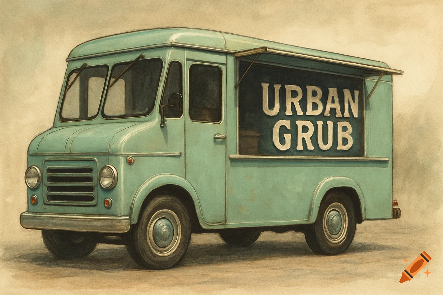 A vintage mint green food truck with "Urban Grub" on the side, painted illustration style.