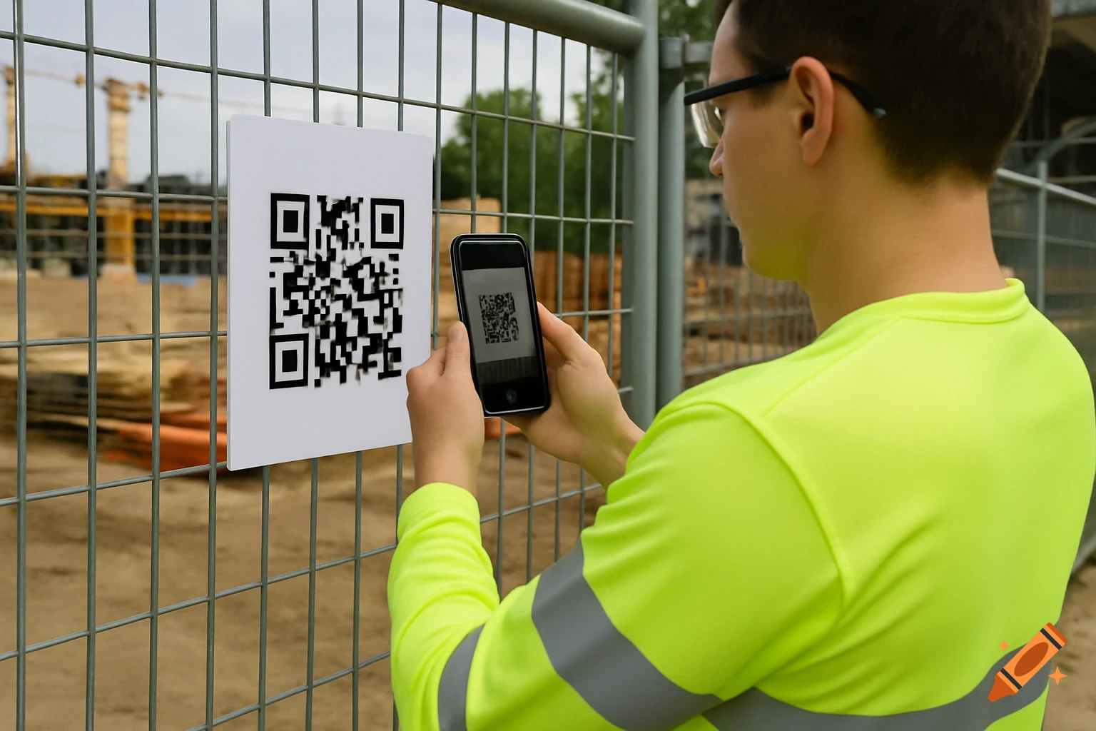 Person in neon shirt scans QR code on fence at construction site with ...